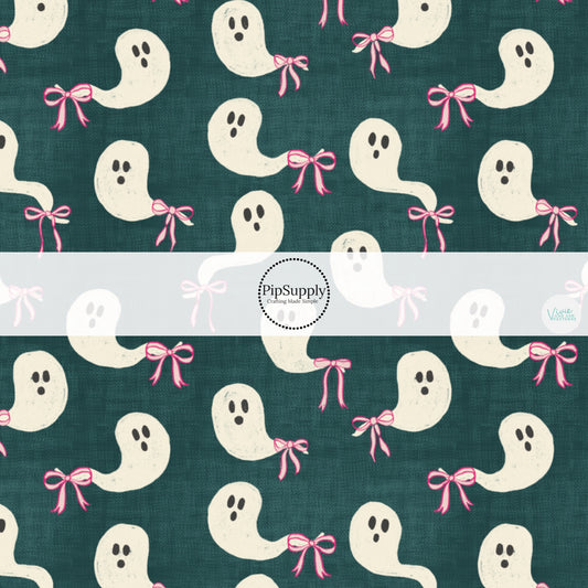 These Halloween themed pattern fabric by the yard features the following design elements: ghost with pink bows on dark green. This fun spooky themed fabric can be used for all your sewing and crafting needs!