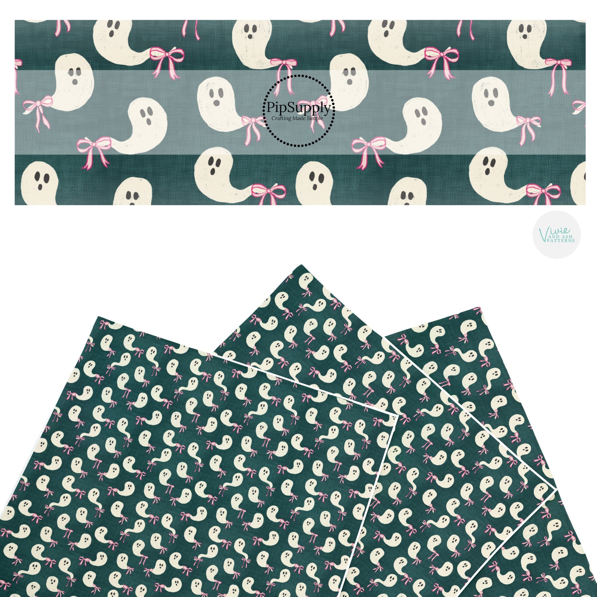 These Halloween themed pattern faux leather sheets contain the following design elements: ghost with pink bows on dark green. Our CPSIA compliant faux leather sheets or rolls can be used for all types of crafting projects.