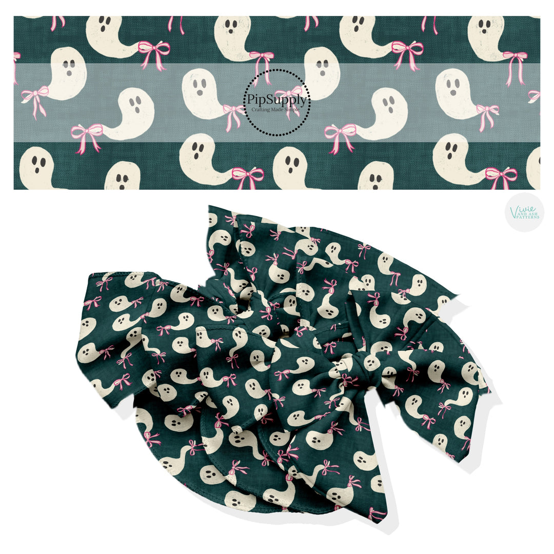 These Halloween themed no sew bow strips can be easily tied and attached to a clip for a finished hair bow. These fun spooky patterned bow strips are great for personal use or to sell. These bow strips feature the following design elements: ghost with pink bows on dark green.