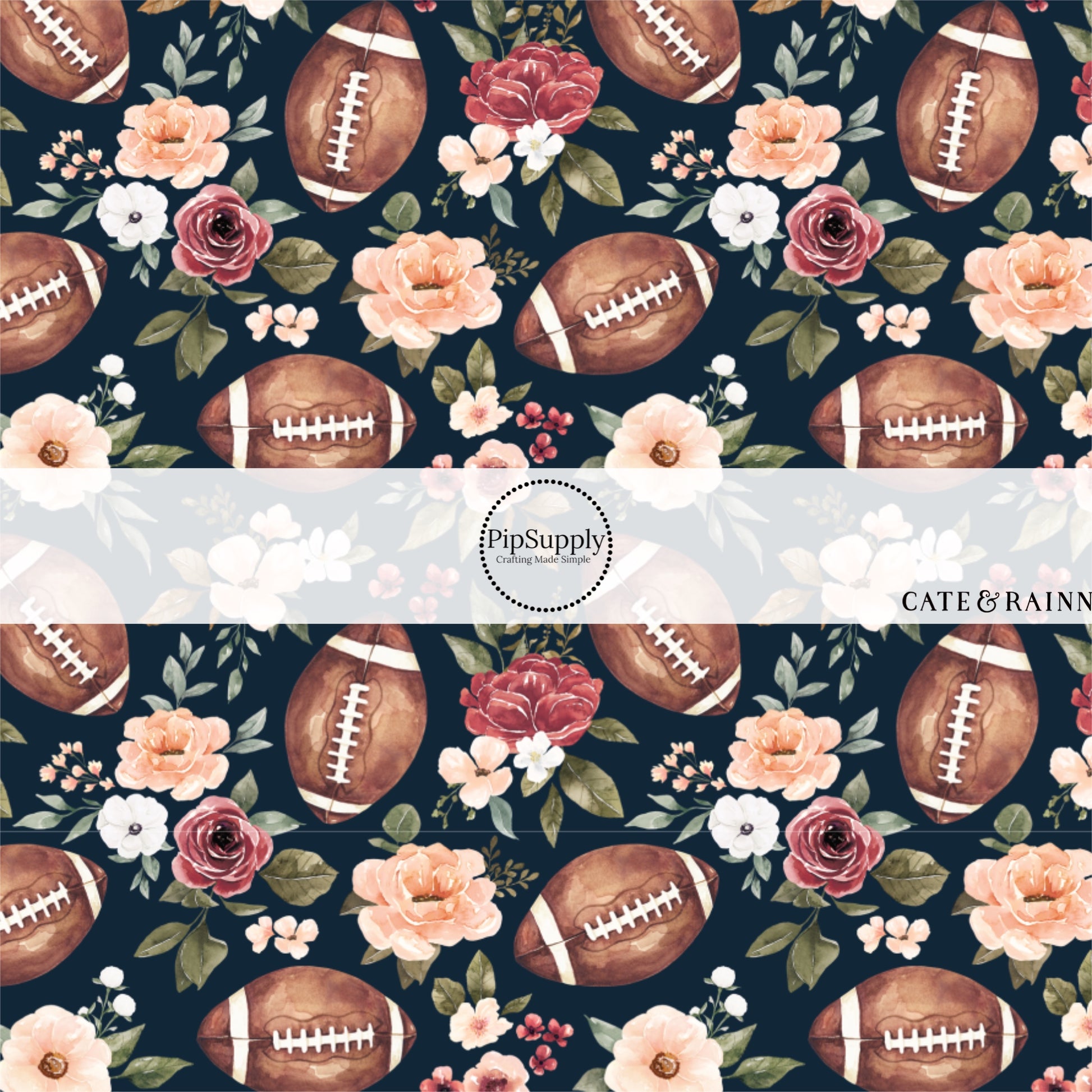 Light pink, white, and burgundy flowers with footballs on navy hair bow strips