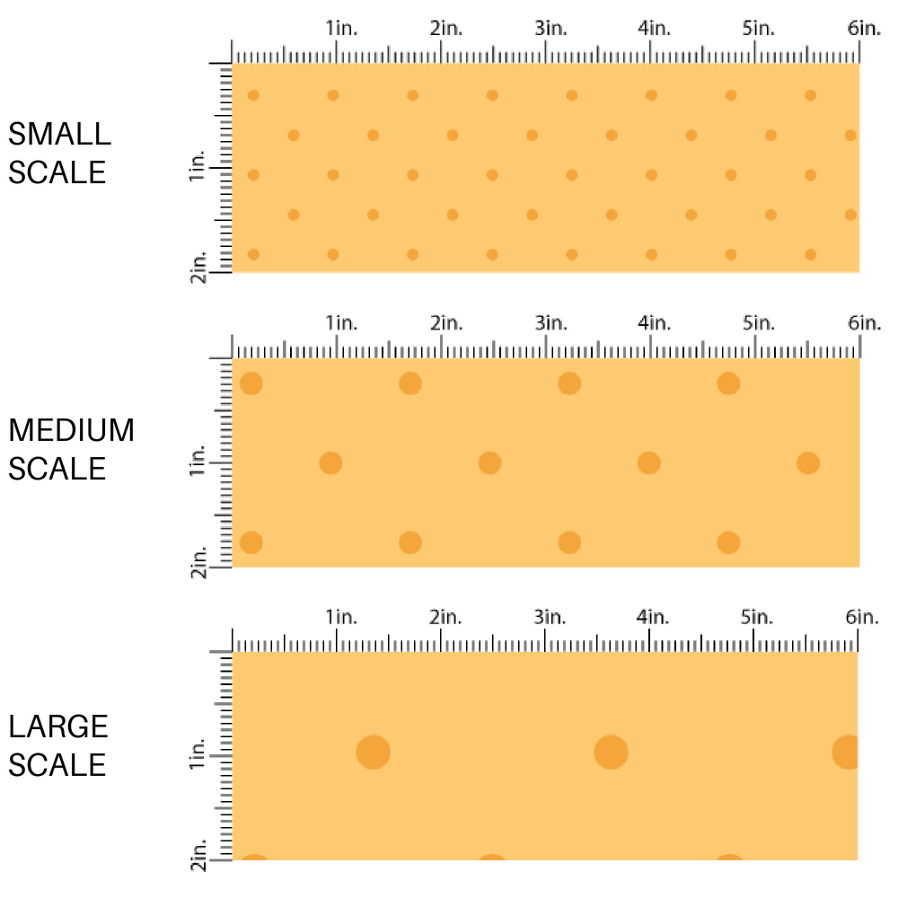 This scale chart of small scale, medium scale, and large scale of these dot themed marigold fabric by the yard features dark orange dots on light orange. This fun summer dot themed fabric can be used for all your sewing and crafting needs! 