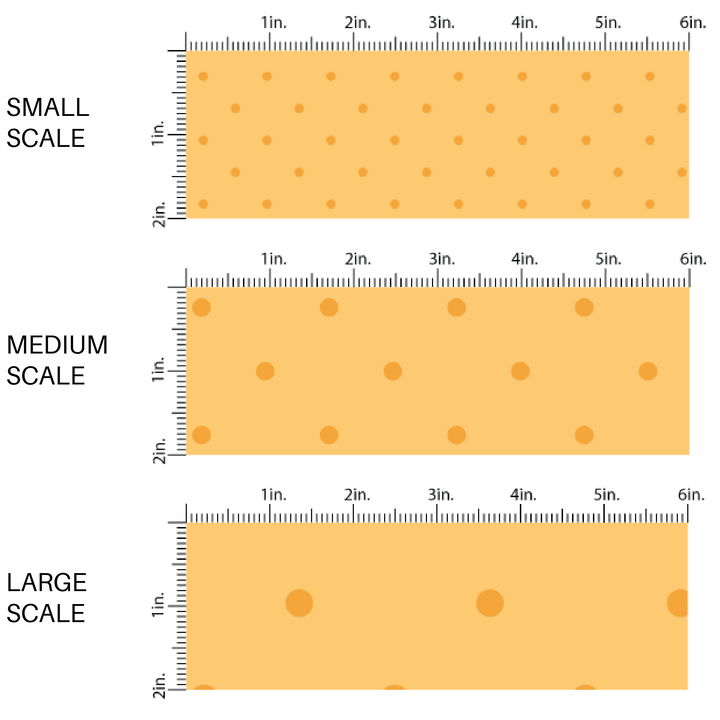 This scale chart of small scale, medium scale, and large scale of these dot themed marigold fabric by the yard features dark orange dots on light orange. This fun summer dot themed fabric can be used for all your sewing and crafting needs! 