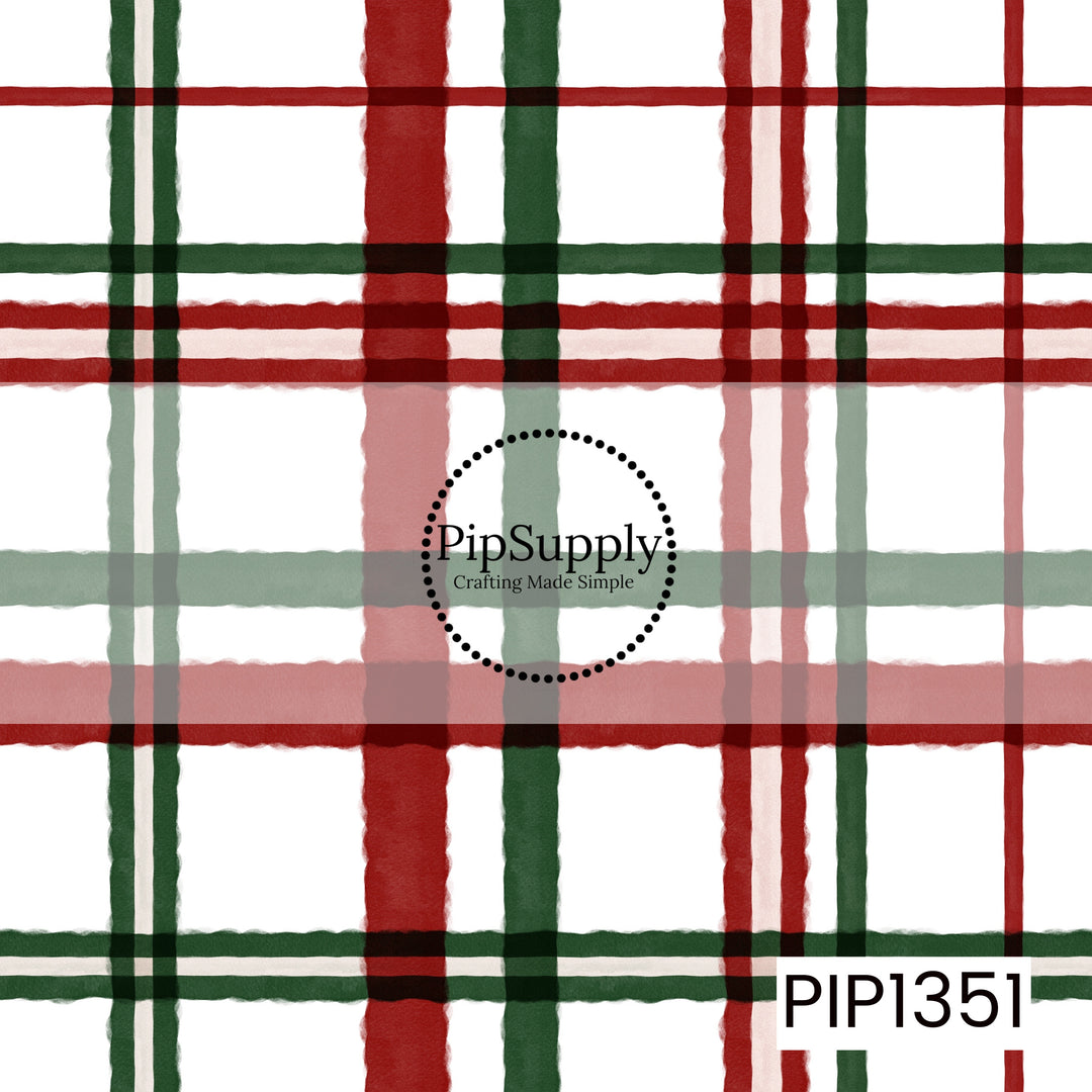 A classic Christmas plaid seamless pattern featuring bold, overlapping horizontal and vertical stripes in deep forest green, rich red, and soft blush pink against a crisp white background. The varying stripe widths, slightly uneven edges, and watercolor-like texture give this traditional holiday plaid a cozy, hand-painted appearance.