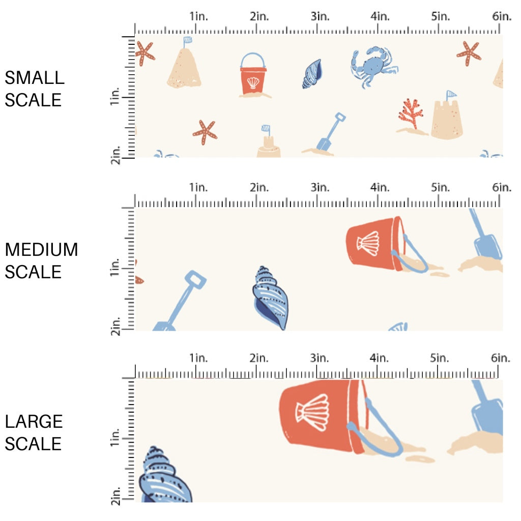 This scale chart of small scale, medium scale, and large scale of this summer fabric by the yard features sand castles and crabs. This fun themed fabric can be used for all your sewing and crafting needs!