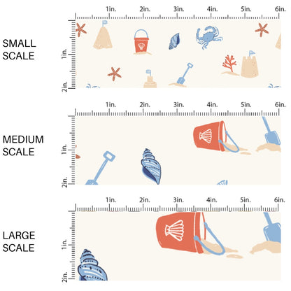This scale chart of small scale, medium scale, and large scale of this summer fabric by the yard features sand castles and crabs. This fun themed fabric can be used for all your sewing and crafting needs!