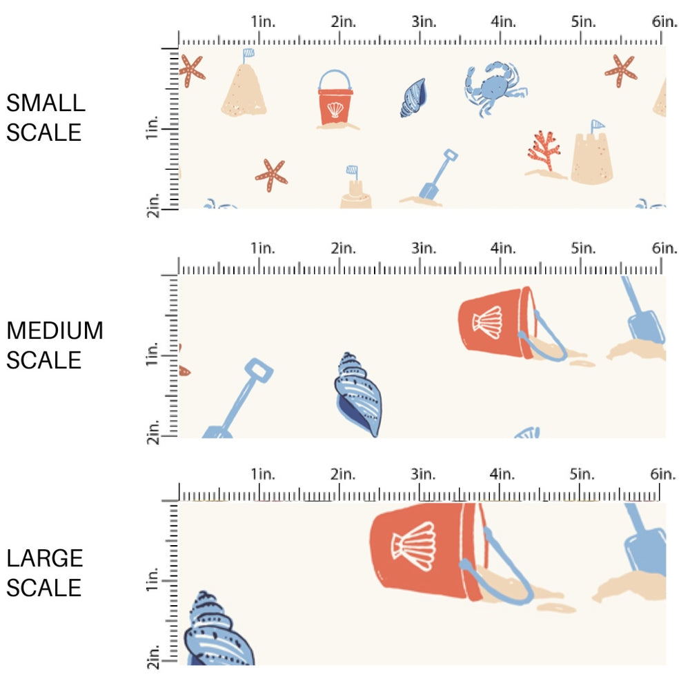 This scale chart of small scale, medium scale, and large scale of this summer fabric by the yard features sand castles and crabs. This fun themed fabric can be used for all your sewing and crafting needs!