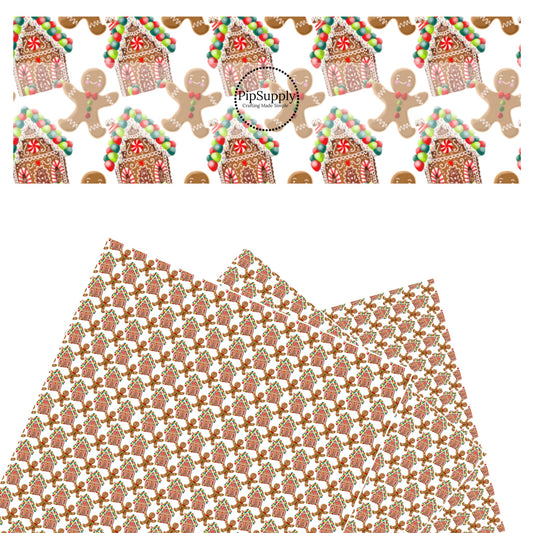 Colorful brown gingerbread houses and men on white faux leather sheets