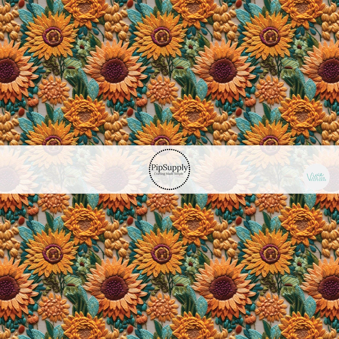 Sunflowers Embroidered Hair Bow Strips