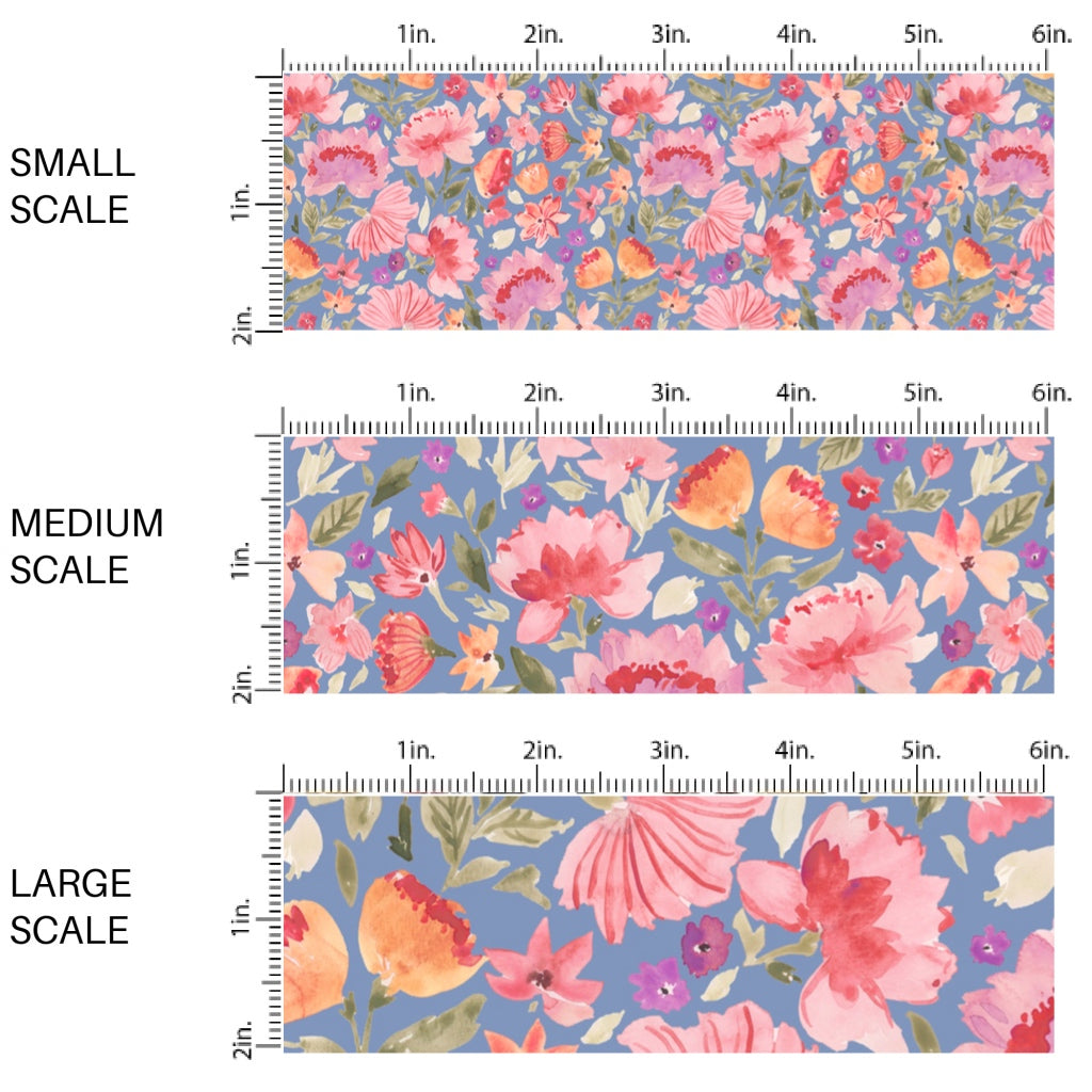 This scale chart of small scale, medium scale, and large scale of this summer fabric by the yard features multi colored flowers on blue. This fun summer themed fabric can be used for all your sewing and crafting needs!