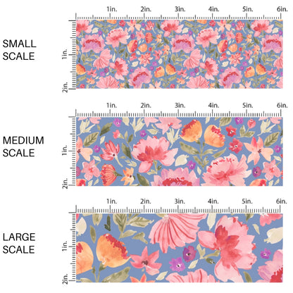 This scale chart of small scale, medium scale, and large scale of this summer fabric by the yard features multi colored flowers on blue. This fun summer themed fabric can be used for all your sewing and crafting needs!
