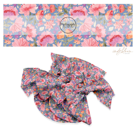These summer floral themed no sew bow strips can be easily tied and attached to a clip for a finished hair bow. These summer patterned bow strips are great for personal use or to sell. These bow strips feature multi colored flowers on blue.