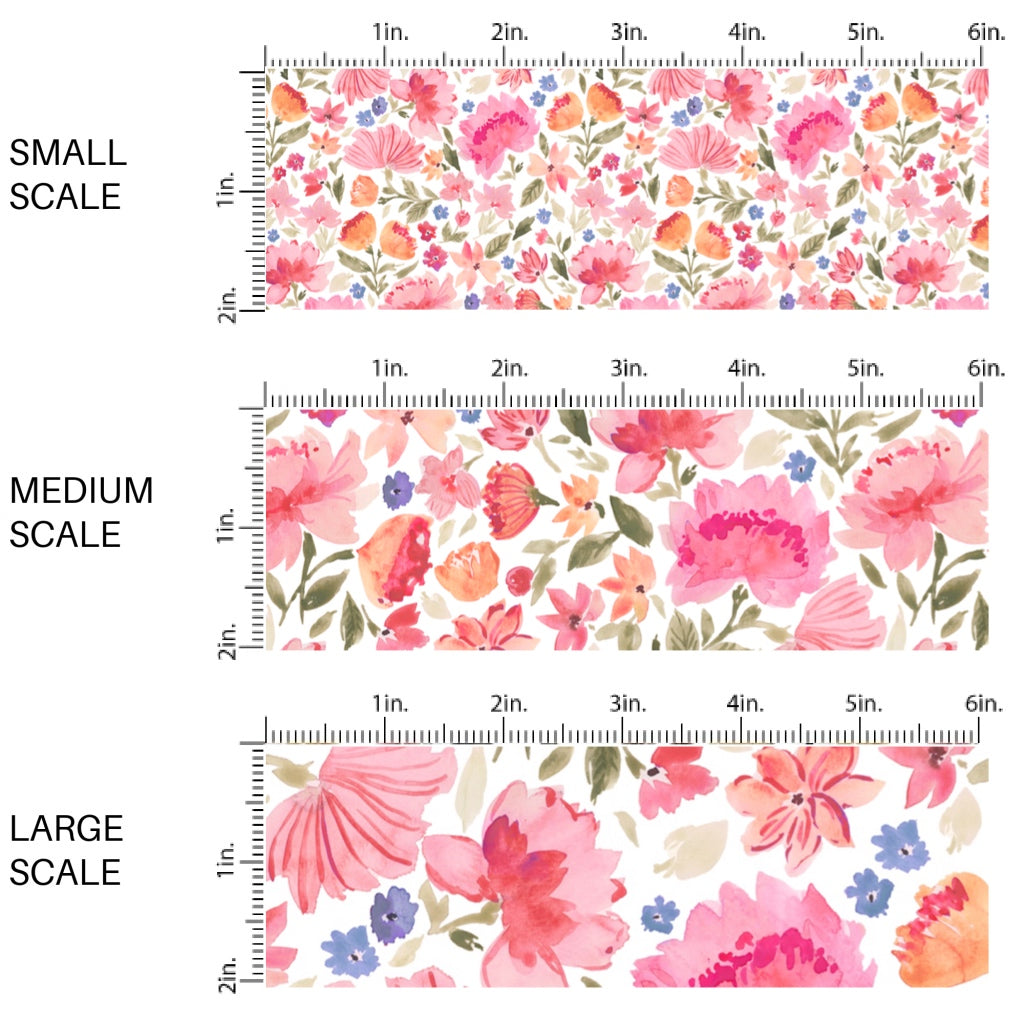 This scale chart of small scale, medium scale, and large scale of this summer fabric by the yard features multi colored flowers on cream. This fun summer themed fabric can be used for all your sewing and crafting needs!