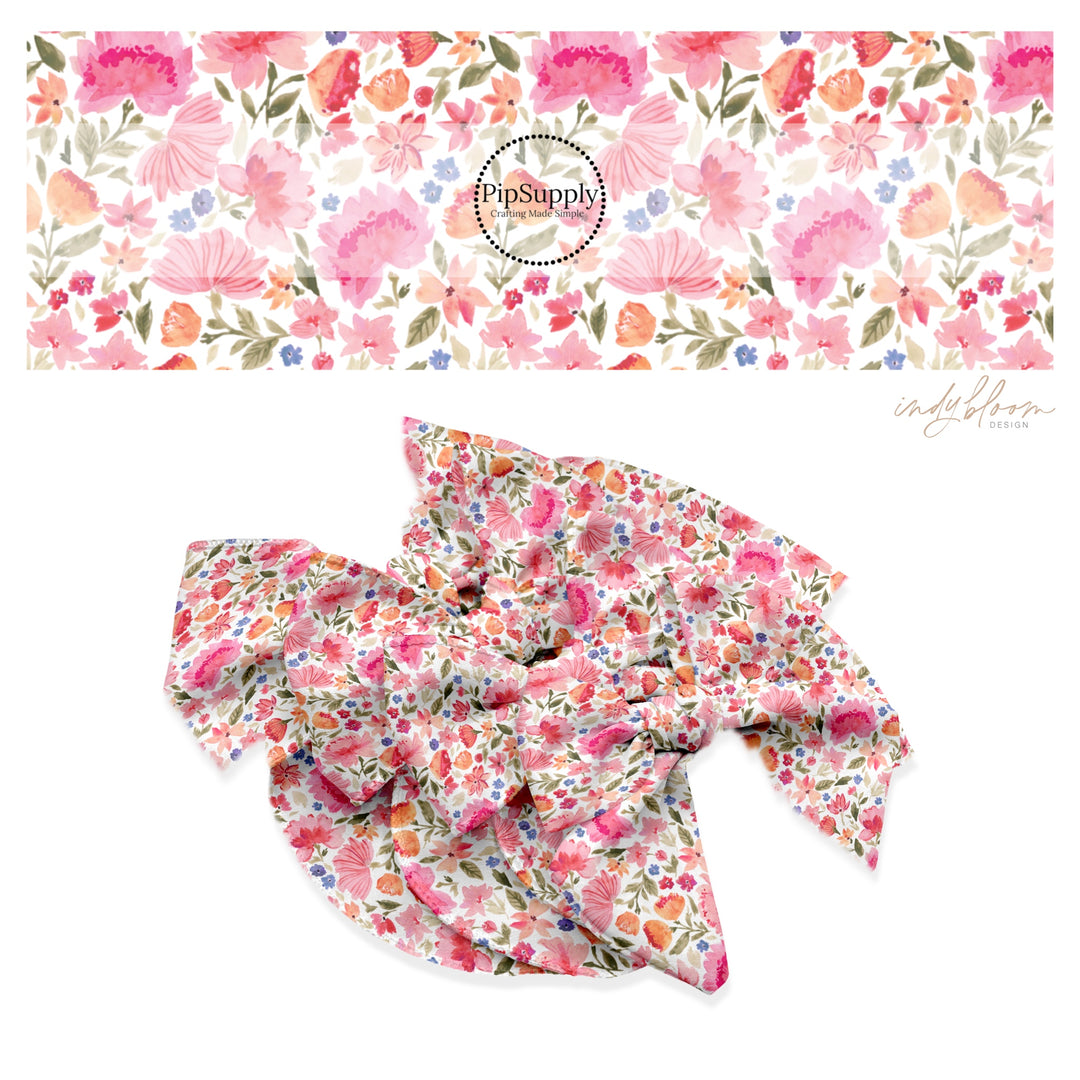 These summer floral themed no sew bow strips can be easily tied and attached to a clip for a finished hair bow. These summer patterned bow strips are great for personal use or to sell. These bow strips feature multi colored flowers on cream.