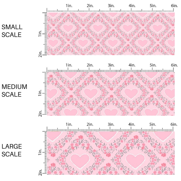 This holiday fabric by the yard features pink hearts surrounded by rose lattice. This festive pattern fabric can be used for all your sewing and crafting needs.