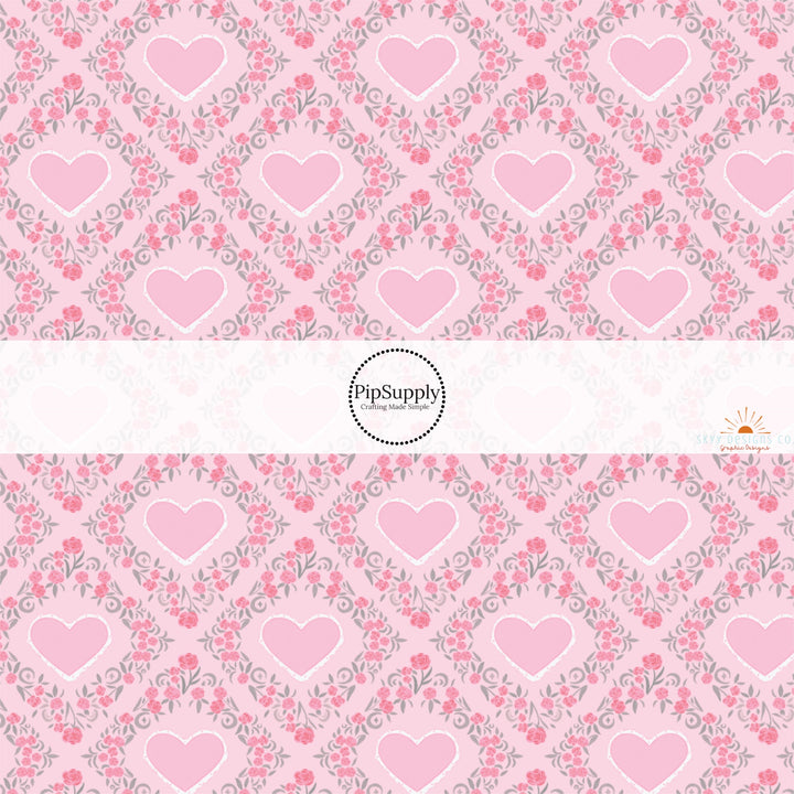 This holiday fabric by the yard features pink hearts surrounded by rose lattice. This festive pattern fabric can be used for all your sewing and crafting needs.