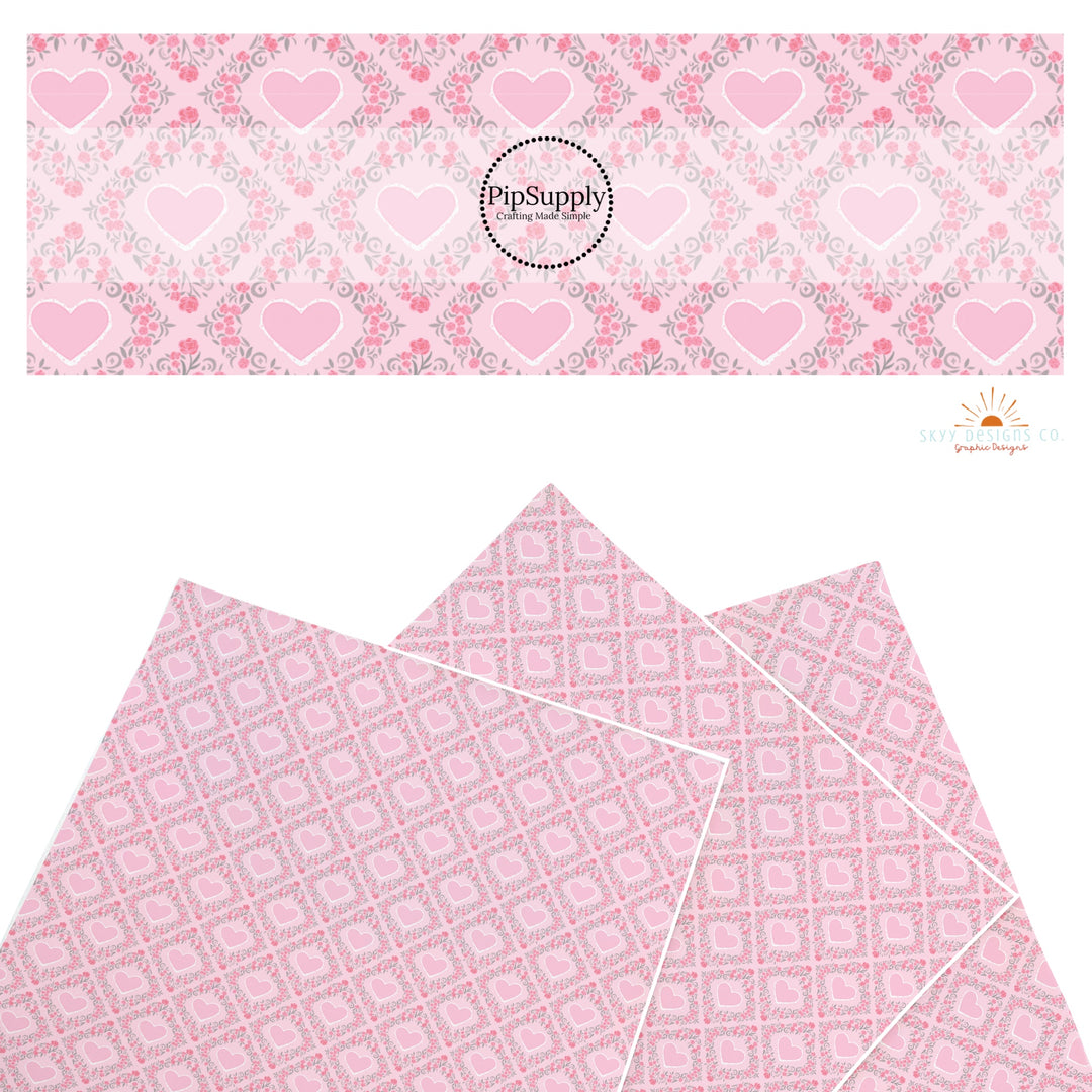 These holiday faux leather sheets contain the following design elements: pink hearts surrounded by rose lattice. Our CPSIA compliant faux leather sheets or rolls can be used for all types of crafting projects.