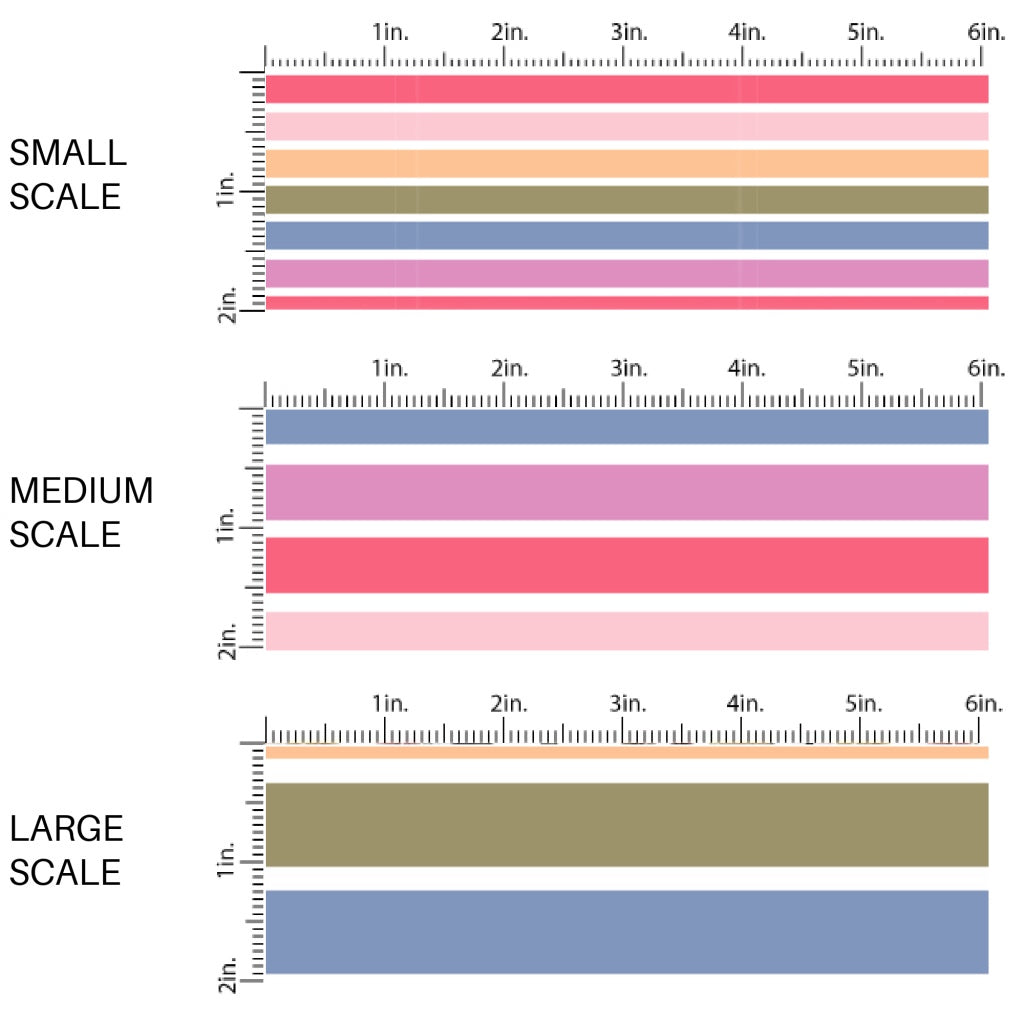 This scale chart of small scale, medium scale, and large scale of this summer fabric by the yard features colorful stripes on cream. This fun summer themed fabric can be used for all your sewing and crafting needs!