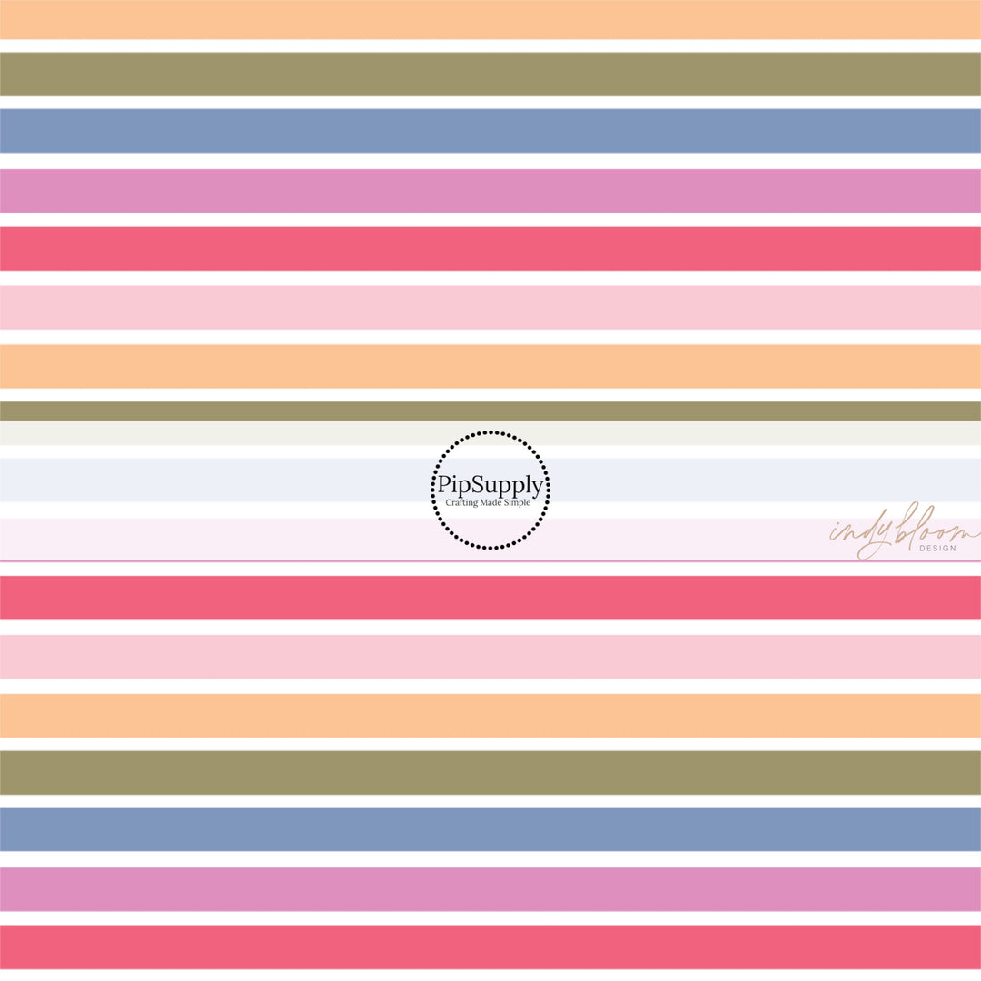 This summer fabric by the yard features colorful stripes on cream. This fun summer themed fabric can be used for all your sewing and crafting needs!