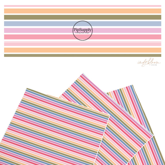 These summer faux leather sheets contain the following design elements: colorful stripes on cream. Our CPSIA compliant faux leather sheets or rolls can be used for all types of crafting projects.