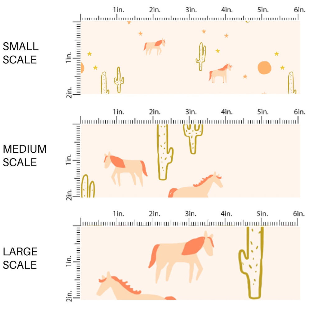 This scale chart of small scale, medium scale, and large scale of this summer fabric by the yard feature horses on cream. This fun summer themed fabric can be used for all your sewing and crafting needs!