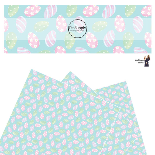 These spring pattern themed faux leather sheets contain the following design elements: pastel colored Easter eggs with stripes and flowers on light blue. Our CPSIA compliant faux leather sheets or rolls can be used for all types of crafting projects.