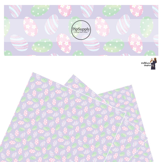 These spring pattern themed faux leather sheets contain the following design elements: pastel colored Easter eggs with stripes and flowers on light purple. Our CPSIA compliant faux leather sheets or rolls can be used for all types of crafting projects.