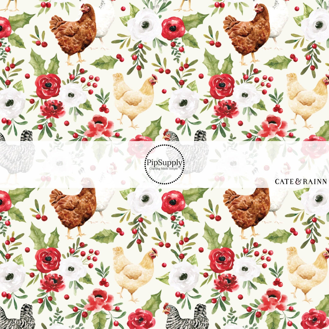 Merry Floral Chickens Hair Bow Strips