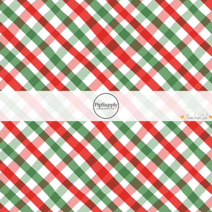 These winter gingham themed pattern fabric by the yard features the following design elements: colorful Christmas gingham pattern. This fun themed fabric can be used for all your sewing and crafting needs!