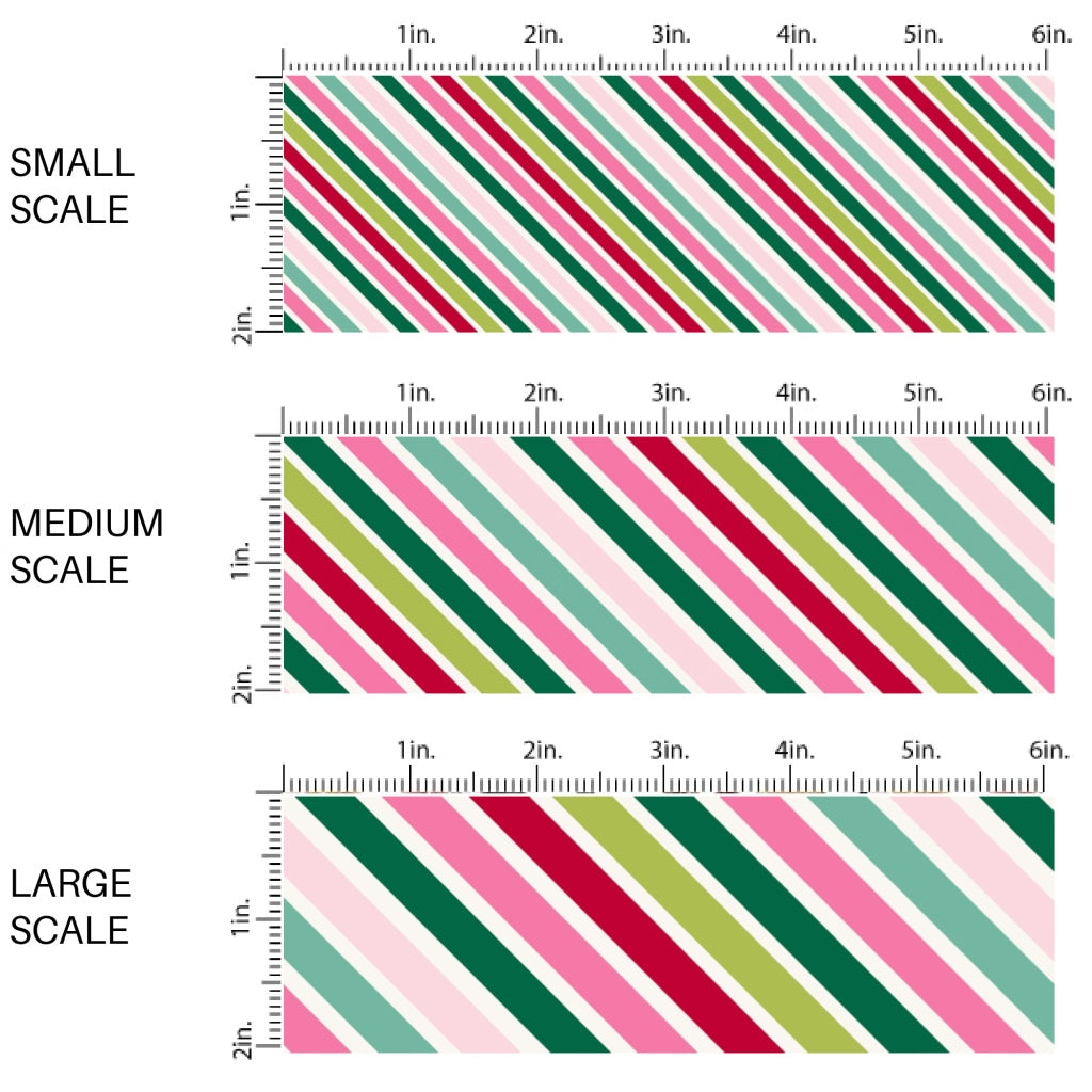 These winter stripe themed pattern fabric by the yard features the following design elements: colorful Christmas diagonal stripe pattern. This fun themed fabric can be used for all your sewing and crafting needs!