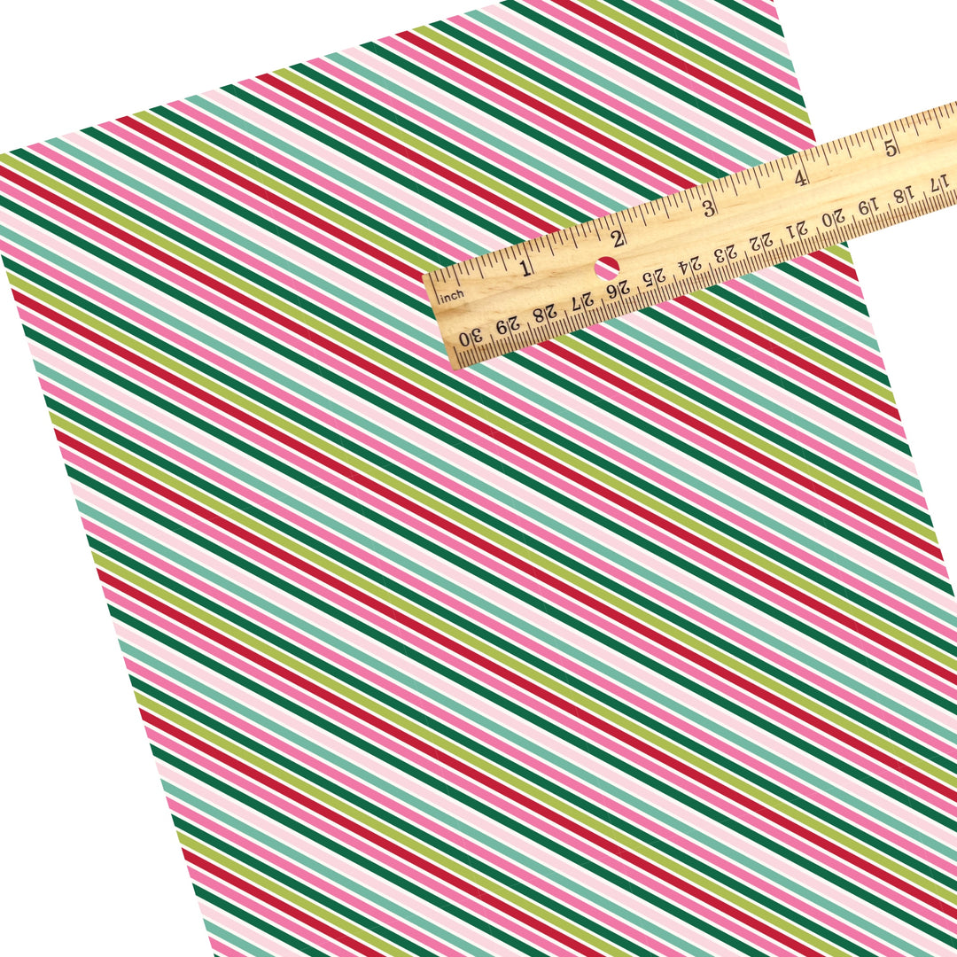 These winter stripe themed pattern faux leather sheets contain the following design elements: colorful Christmas diagonal stripe pattern. Our CPSIA compliant faux leather sheets or rolls can be used for all types of crafting projects.