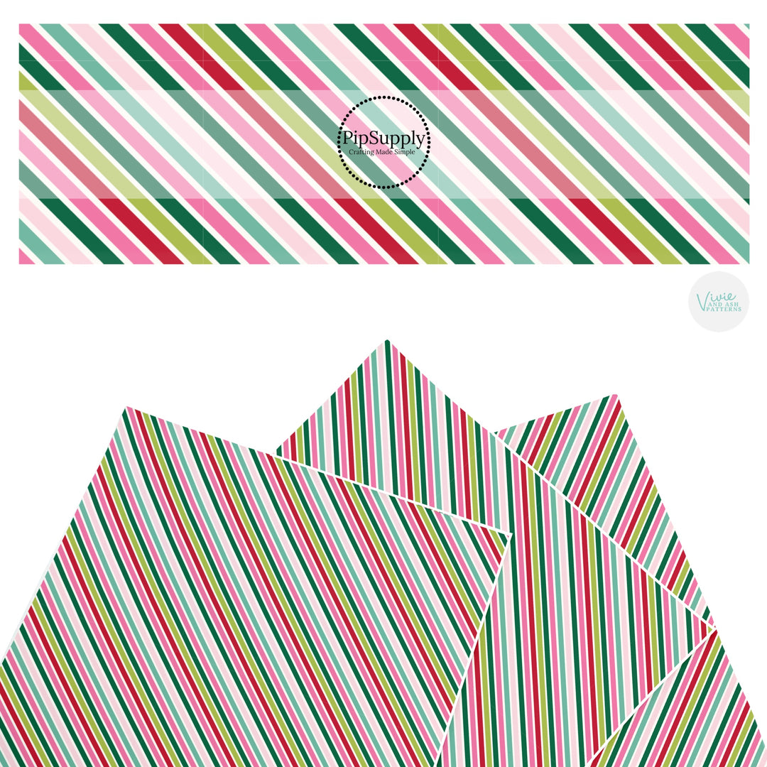 These winter stripe themed pattern faux leather sheets contain the following design elements: colorful Christmas diagonal stripe pattern. Our CPSIA compliant faux leather sheets or rolls can be used for all types of crafting projects.