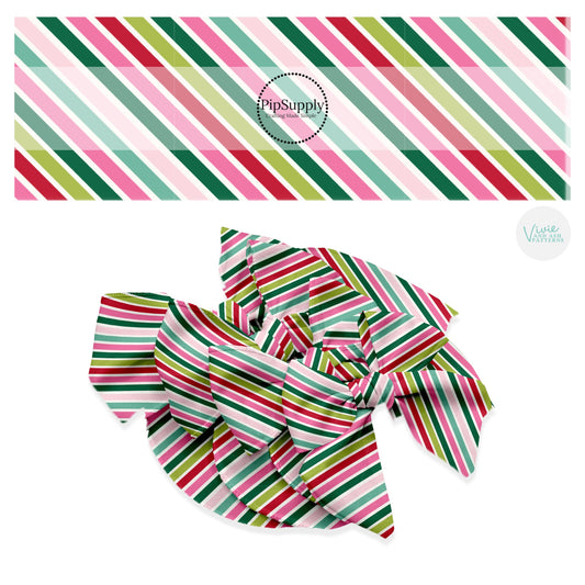 These winter stripe themed no sew bow strips can be easily tied and attached to a clip for a finished hair bow. These fun patterned bow strips are great for personal use or to sell. These bow strips feature the following design elements: colorful Christmas diagonal stripe pattern.