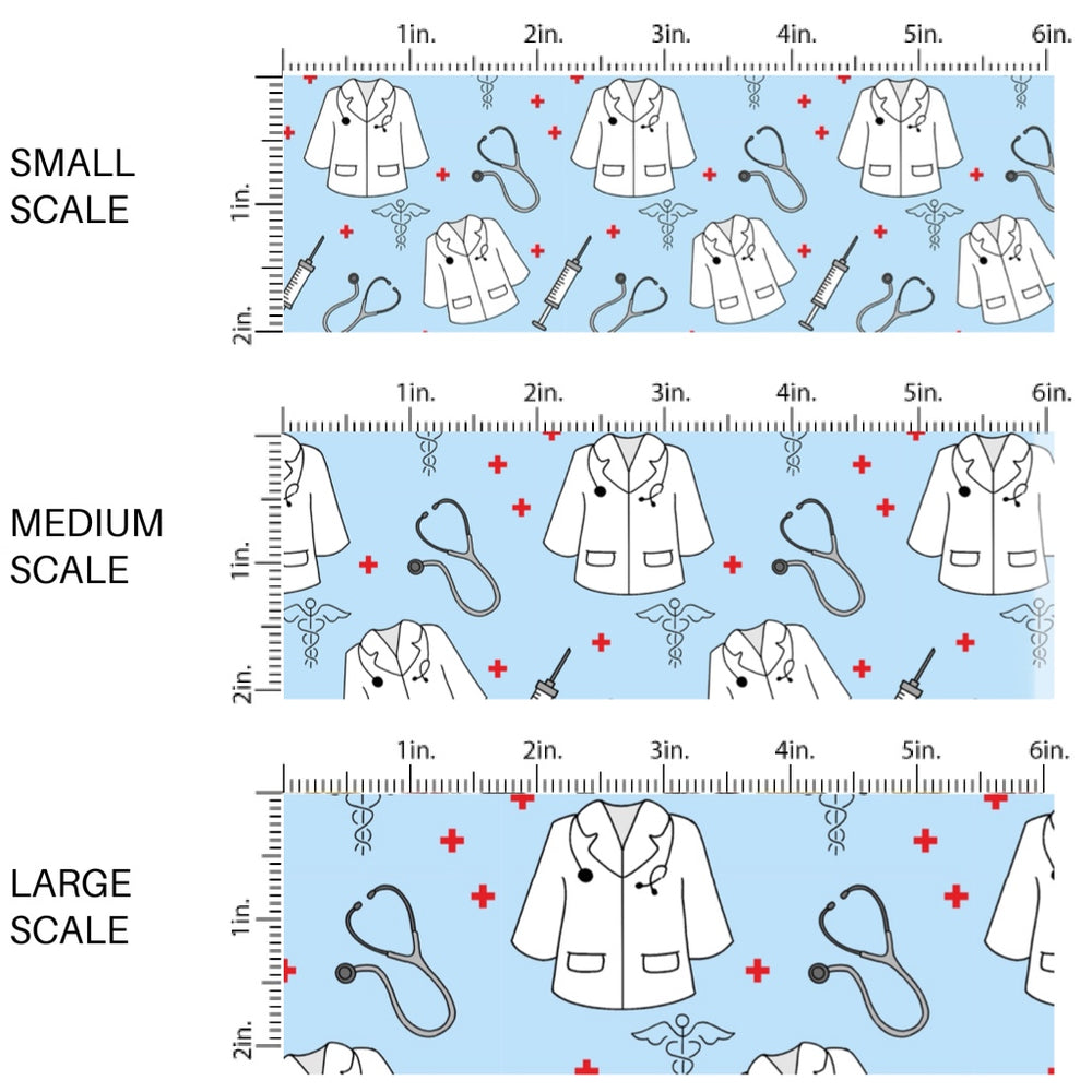 These medical themed fabric by the yard features stethoscopes, needles, doctors coats, and medical symbols. These pattern fabric can be used for all your sewing and crafting needs!