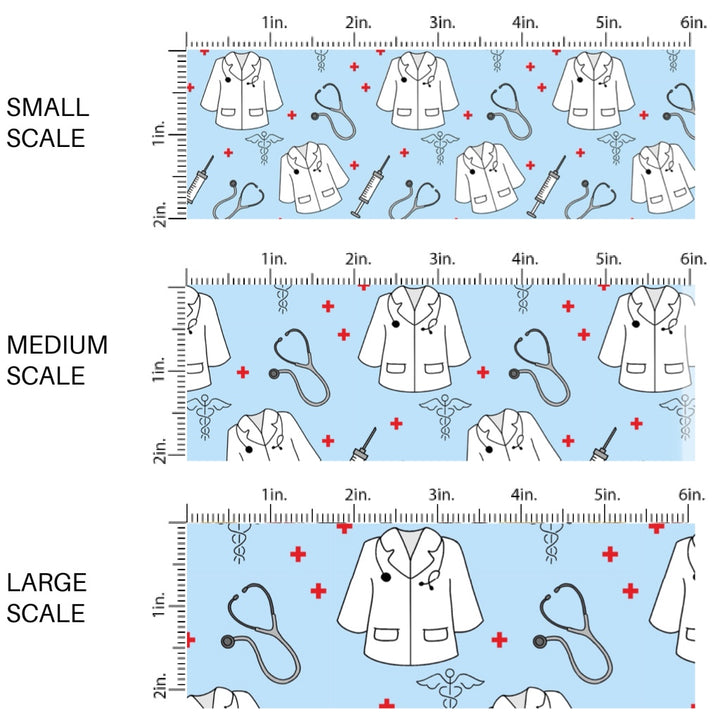 These medical themed fabric by the yard features stethoscopes, needles, doctors coats, and medical symbols. These pattern fabric can be used for all your sewing and crafting needs!
