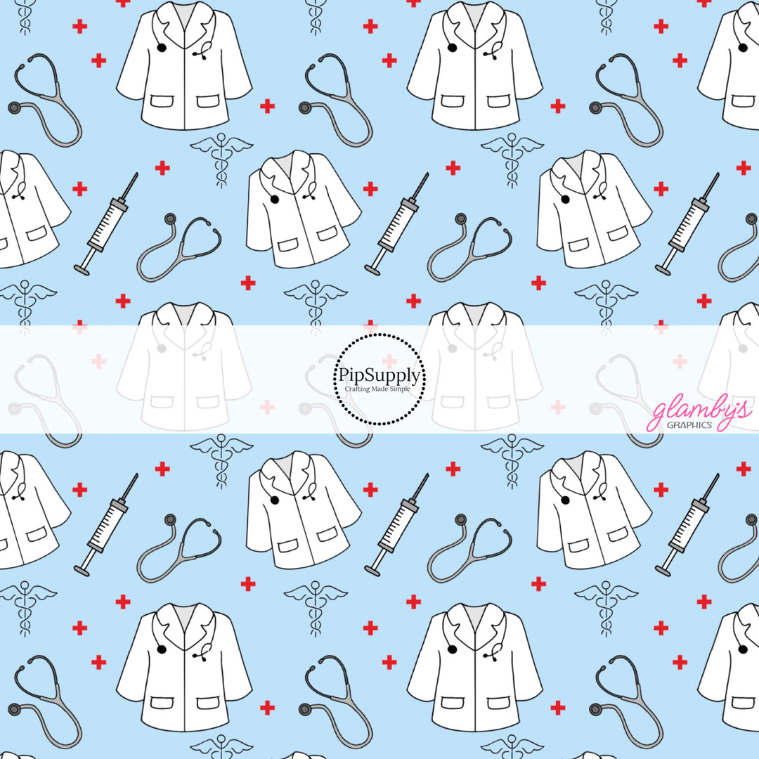 These medical themed fabric by the yard features stethoscopes, needles, doctors coats, and medical symbols. These pattern fabric can be used for all your sewing and crafting needs!