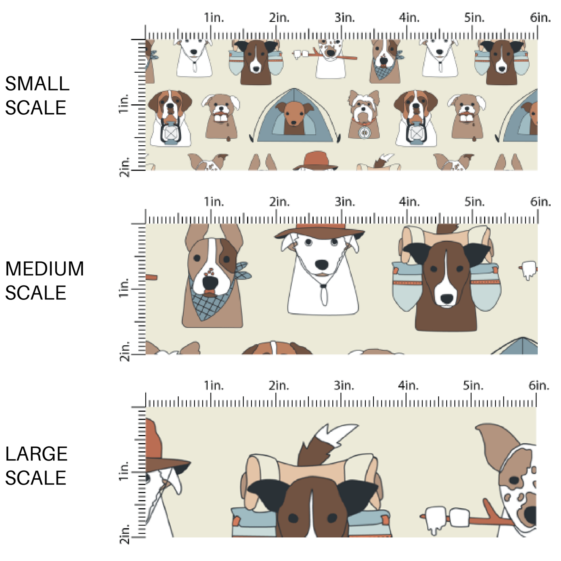 This scale chart of small scale, medium scale, and large scale of these camping dog outdoor themed light cream fabric by the yard features a variety of different dog faces with hats, smores and tents on cream. This fun animal themed fabric can be used for all your sewing and crafting needs! 