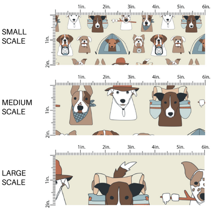 This scale chart of small scale, medium scale, and large scale of these camping dog outdoor themed light cream fabric by the yard features a variety of different dog faces with hats, smores and tents on cream. This fun animal themed fabric can be used for all your sewing and crafting needs! 