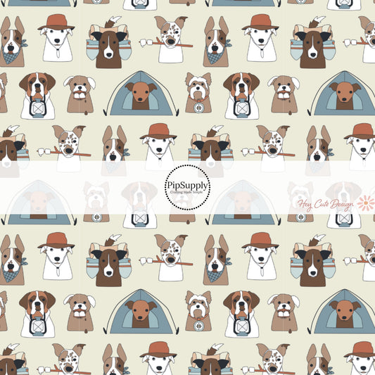 These camping dog outdoor themed light cream fabric by the yard features a variety of different dog faces with hats, smores and tents on cream. This fun animal themed fabric can be used for all your sewing and crafting needs! 