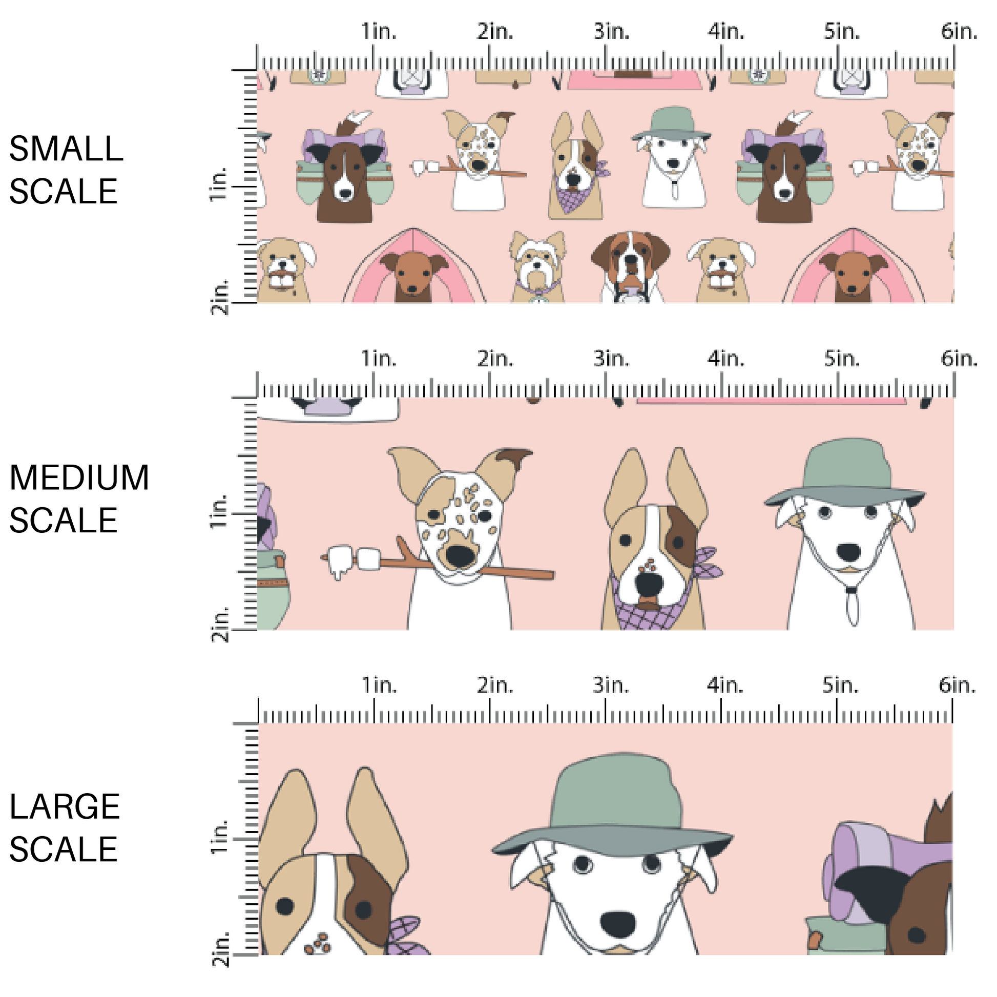 This scale chart of small scale, medium scale, and large scale of these camping dog outdoor themed light pink fabric by the yard features a variety of different dog faces with hats, smores and tents on pink. This fun animal themed fabric can be used for all your sewing and crafting needs! 