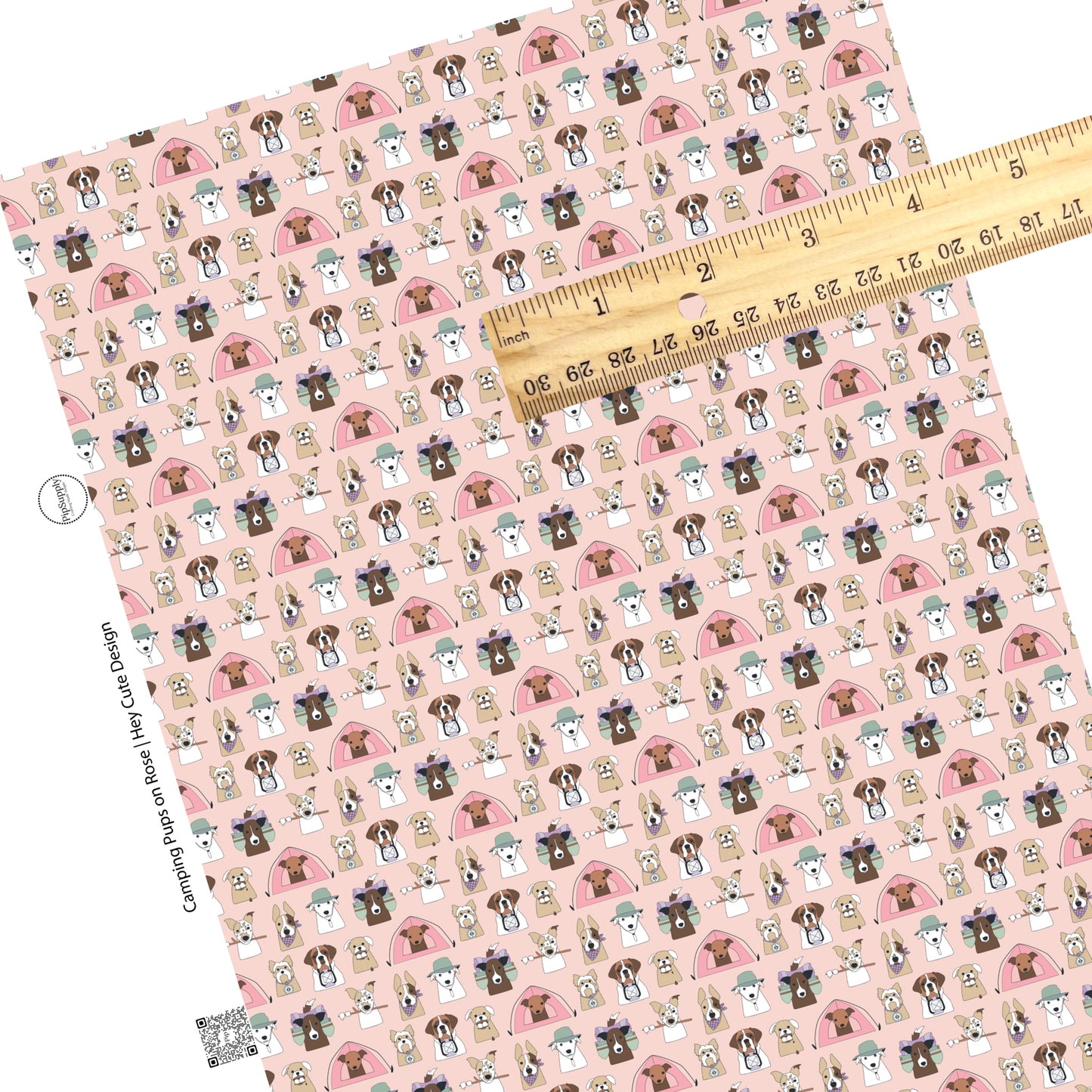 These camping dog outdoor light pink faux leather sheets contain the following design elements: dog faces with hats, smores, and tents on rose. Our CPSIA compliant faux leather sheets or rolls can be used for all types of crafting projects. 