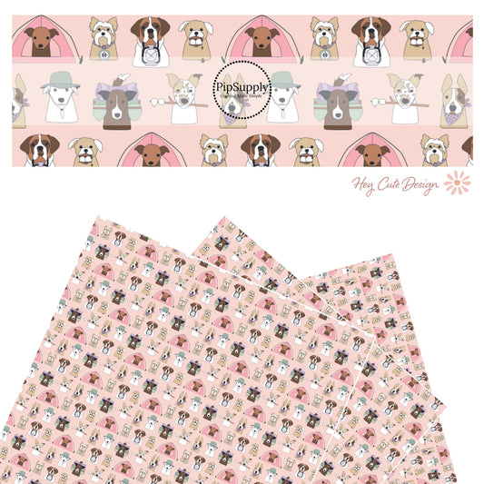 These camping dog outdoor light pink faux leather sheets contain the following design elements: dog faces with hats, smores, and tents on rose. Our CPSIA compliant faux leather sheets or rolls can be used for all types of crafting projects. 