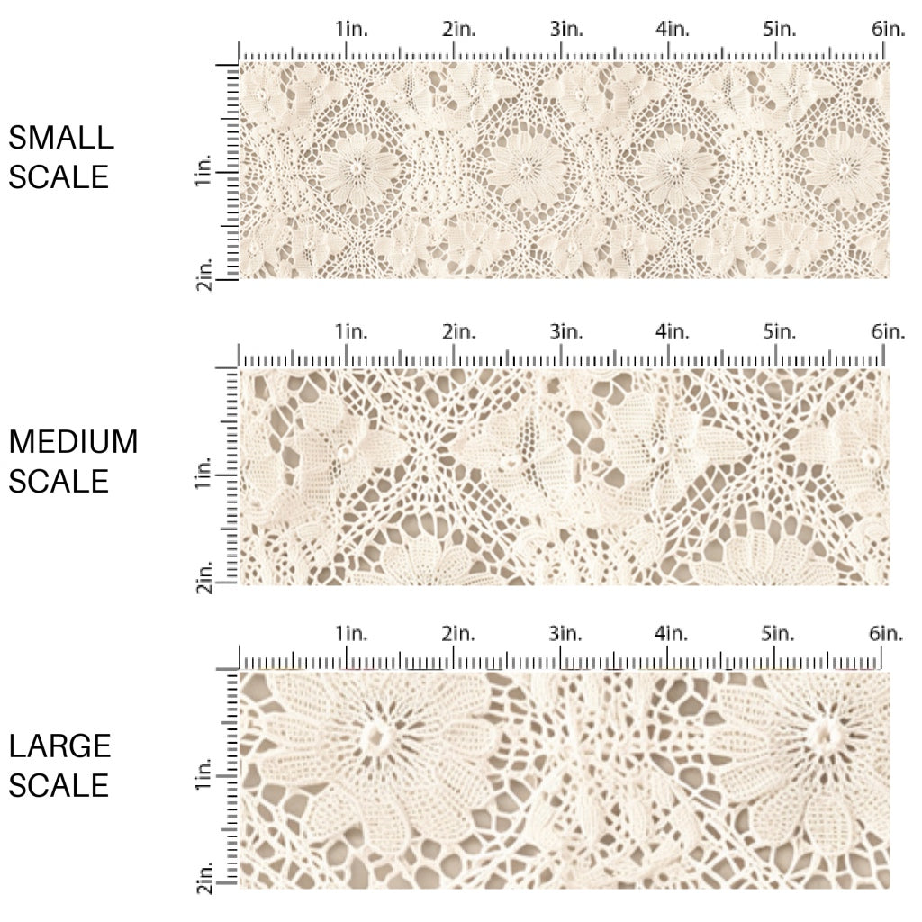 This scale chart of small scale, medium scale, and large scale of this cream lace pattern fabric by the yard features doily lace. This fun summer themed fabric can be used for all your sewing and crafting needs! **These patterns are not embroidered or lace material. It is just the design to give it the embroidered lace look.
