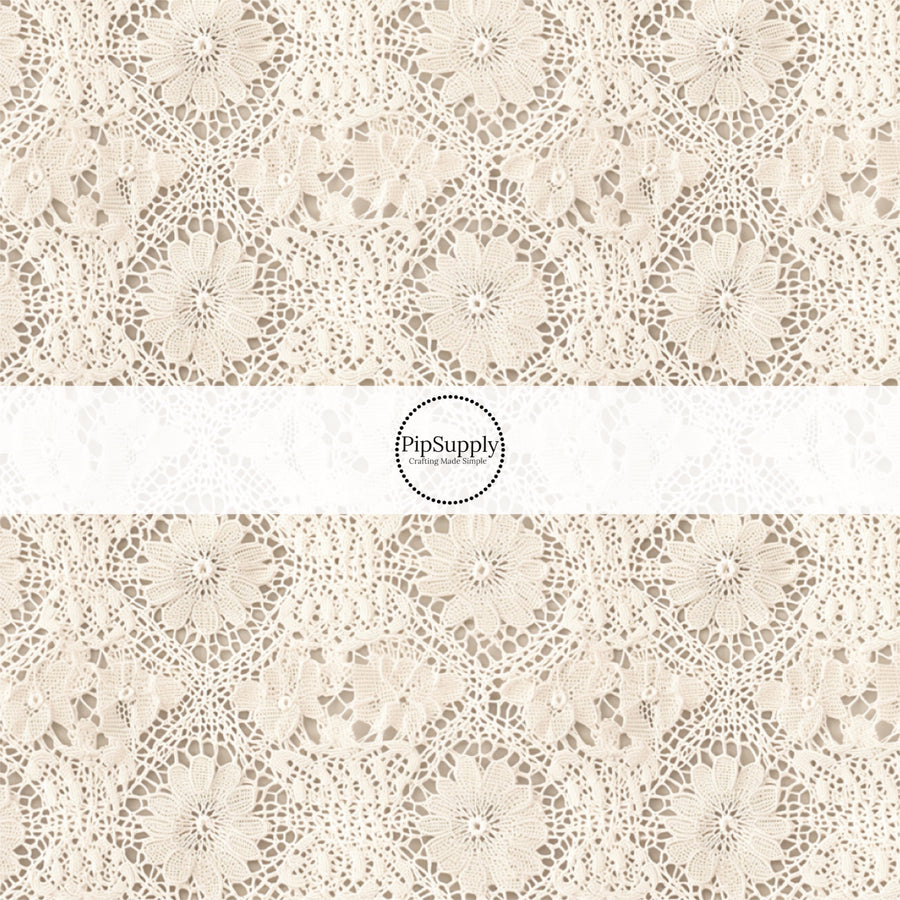 This cream lace pattern fabric by the yard features doily lace. This fun summer themed fabric can be used for all your sewing and crafting needs! **These patterns are not embroidered or lace material. It is just the design to give it the embroidered lace look.