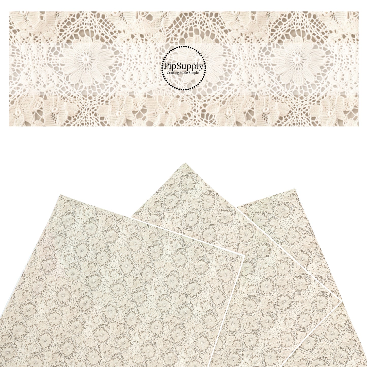 These cream lace pattern faux leather sheets contain the following design elements: doily lace. Our CPSIA compliant faux leather sheets or rolls can be used for all types of crafting projects. These patterns are not embroidered. It is just the design to give it the embroidered look.