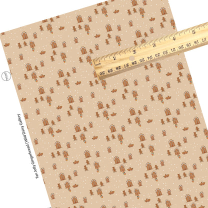 TIny polka dots on gingerbread town on tan faux leather sheets