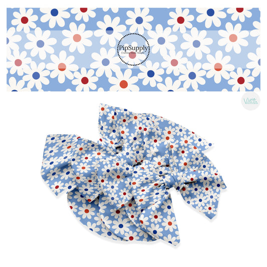 These 4th of July themed no sew bow strips can be easily tied and attached to a clip for a finished hair bow. These patterned bow strips are great for personal use or to sell. These bow strips features daisies on blue.