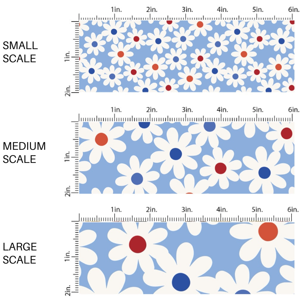 This scale chart of small scale, medium scale, and large scale of this 4th of July fabric by the yard features daisies on blue. This fun patriotic themed fabric can be used for all your sewing and crafting needs!