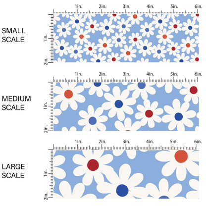 This scale chart of small scale, medium scale, and large scale of this 4th of July fabric by the yard features daisies on blue. This fun patriotic themed fabric can be used for all your sewing and crafting needs!