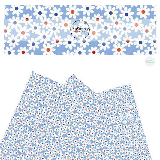 These 4th of July faux leather sheets contain the following design elements: daisies on blue. Our CPSIA compliant faux leather sheets or rolls can be used for all types of crafting projects.