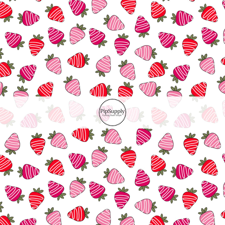 This holiday fabric by the yard features chocolate covered strawberries. This festive pattern fabric can be used for all your sewing and crafting needs!